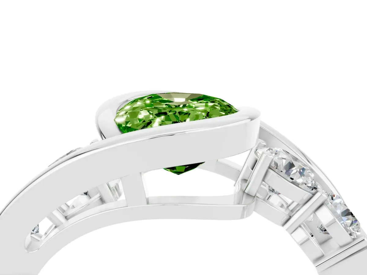 Bezel Set Oval Cut Peridot Bypass Ring with Round Accents Platinum