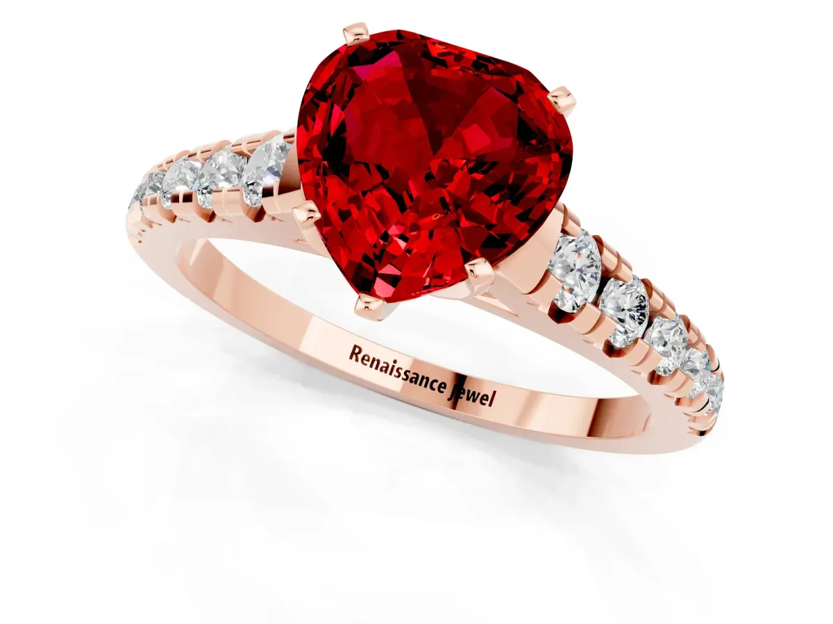 Heart Cut Ruby Cathedral Solitaire Ring with Round Pavé Band Rose gold