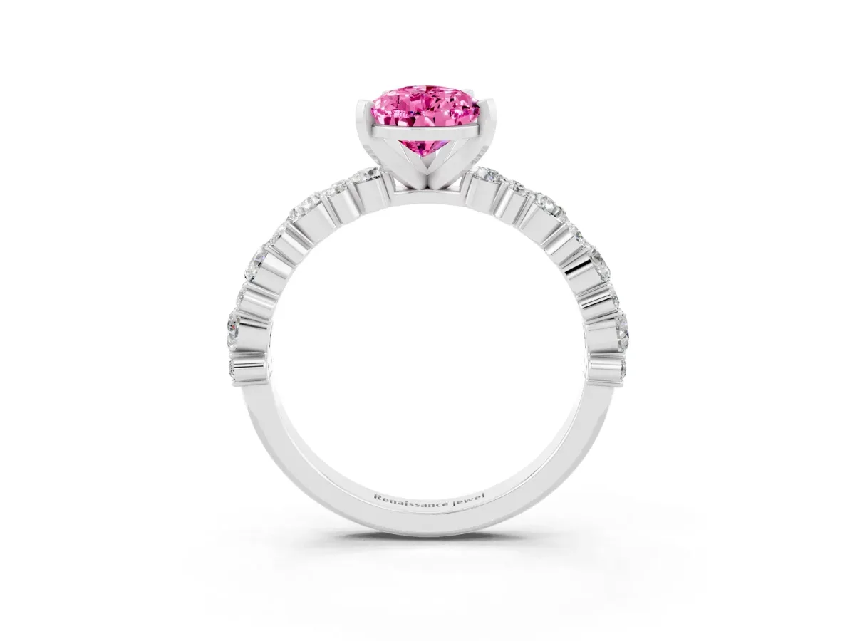 Pear Cut Pink Sapphire Side Stone Solitaire Ring with Round and Four-Prong Setting Silver