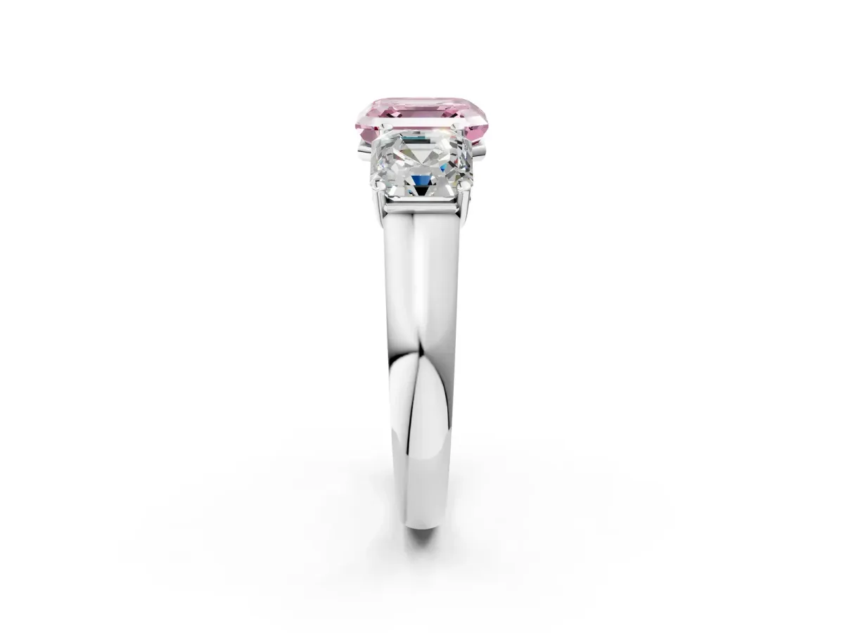 Fancy Pink Asscher Cut Three-Stone Diamond Ring with Prong Setting on a Classic Band Platinum