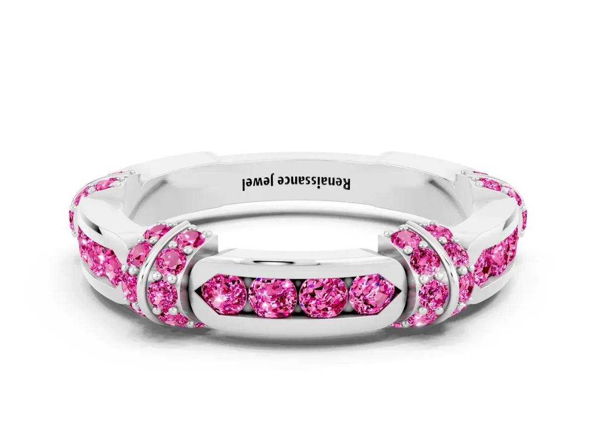 Pavé Round Pink Sapphire Link Band with Bezel Setting Silver
