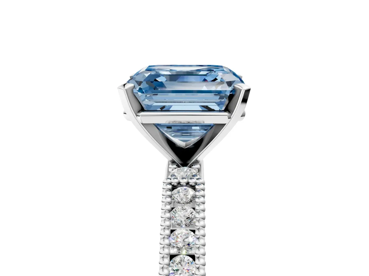 Fancy Blue Asscher Cut Solitaire with Pavé Band and Four-Prong Setting Silver