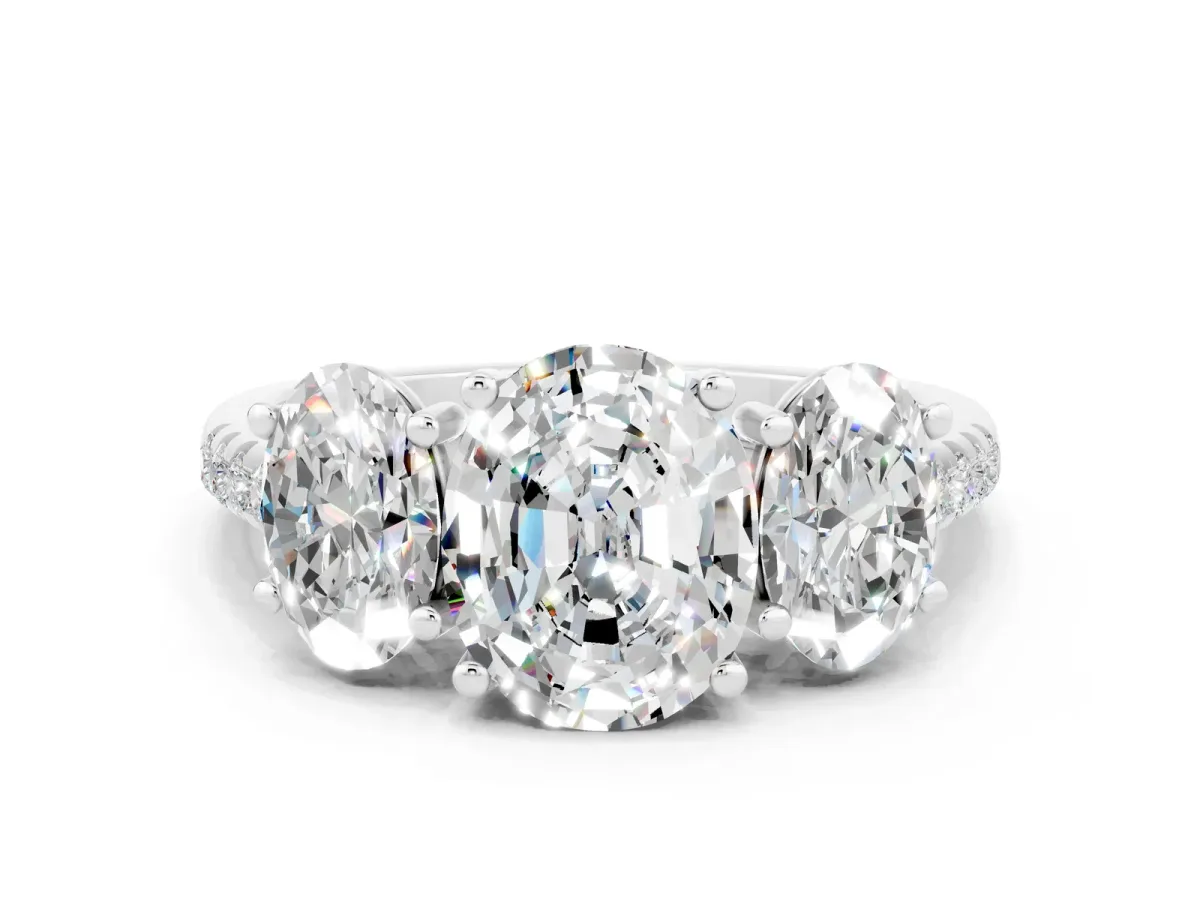 Three-Stone Oval Cut Moissanite Ring with Round Pavé Band and Prong Setting Silver