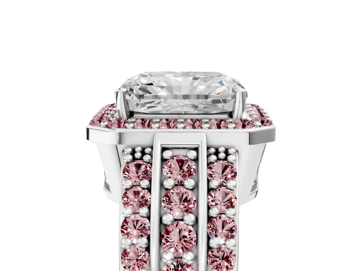 Radiant Cut Halo Diamond Ring with Round Morganite Split Shank and Prong Setting Platinum