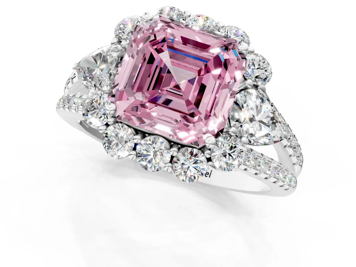 Fancy Pink Asscher Cut Halo Split Shank Diamond Engagement Ring with Prong Setting Platinum