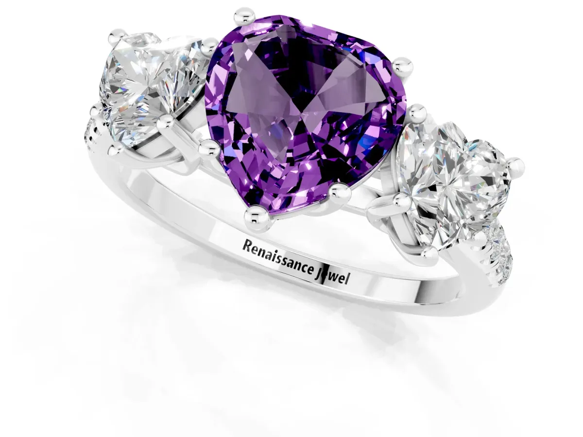 Three-Stone Heart Cut Amethyst Ring with Round Pavé Band and Prong Setting Silver