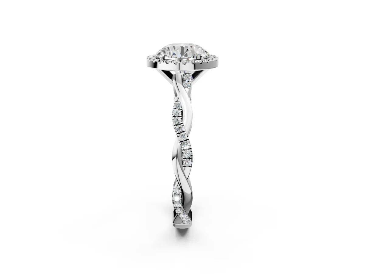 Round Cut Cut Halo Twisted Band Four-Prong Ring Platinum
