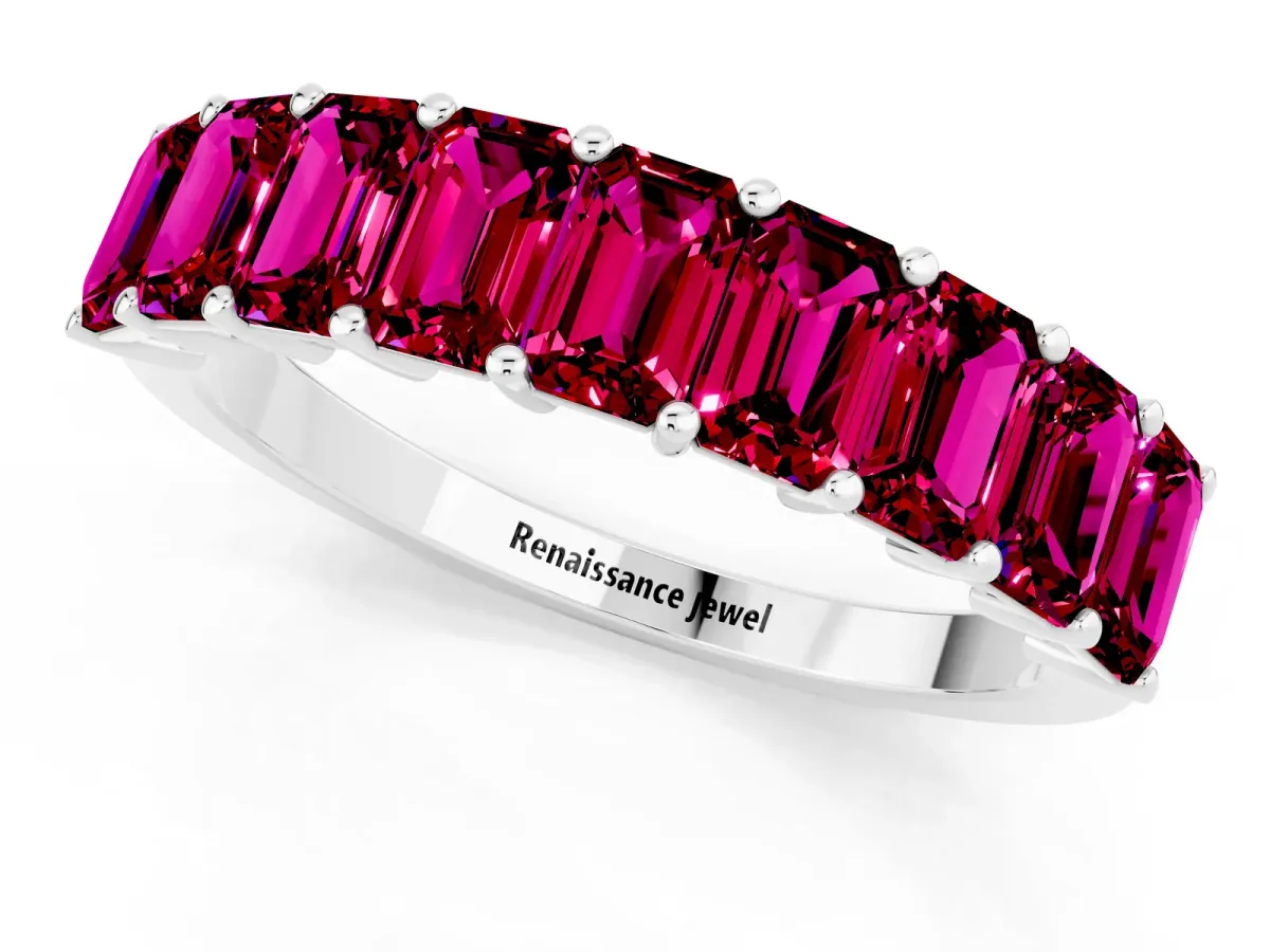 Emerald Cut Garnet Prong-Set Eternity Band Platinum