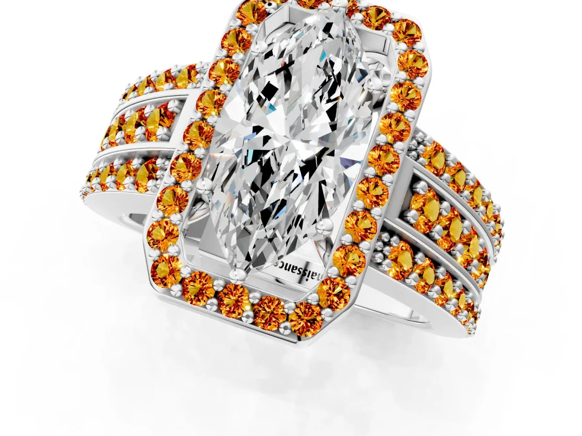 Marquise Cut Halo Diamond Ring with Round Citrine Split Shank and Prong Setting Silver