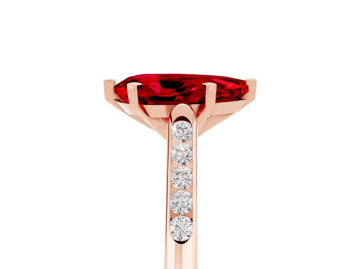 Pear Cut Ruby Solitaire Ring with Channel Set Round Band and Prong Setting Rose gold
