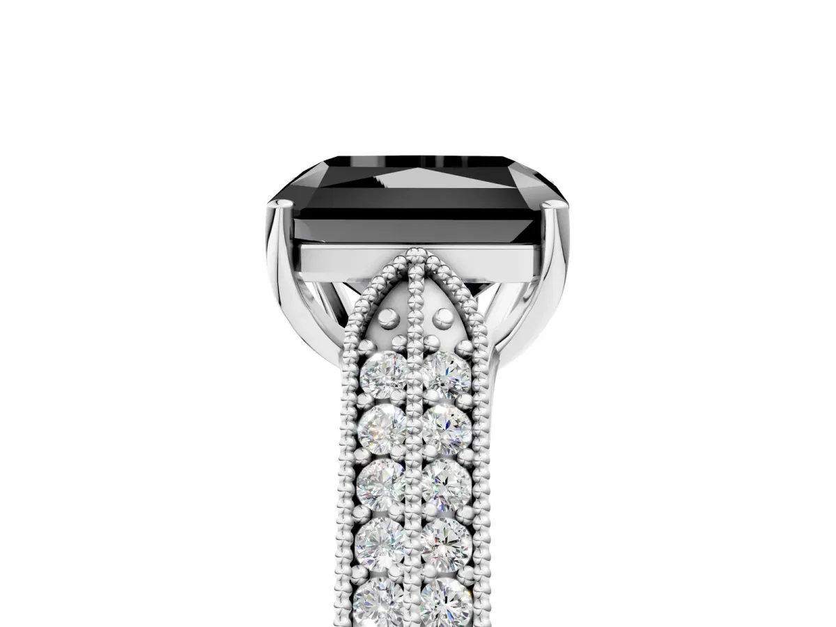 Fancy Black Radiant Cut Cut Pave Split Shank Engagement Ring with Four-Prong Setting Platinum
