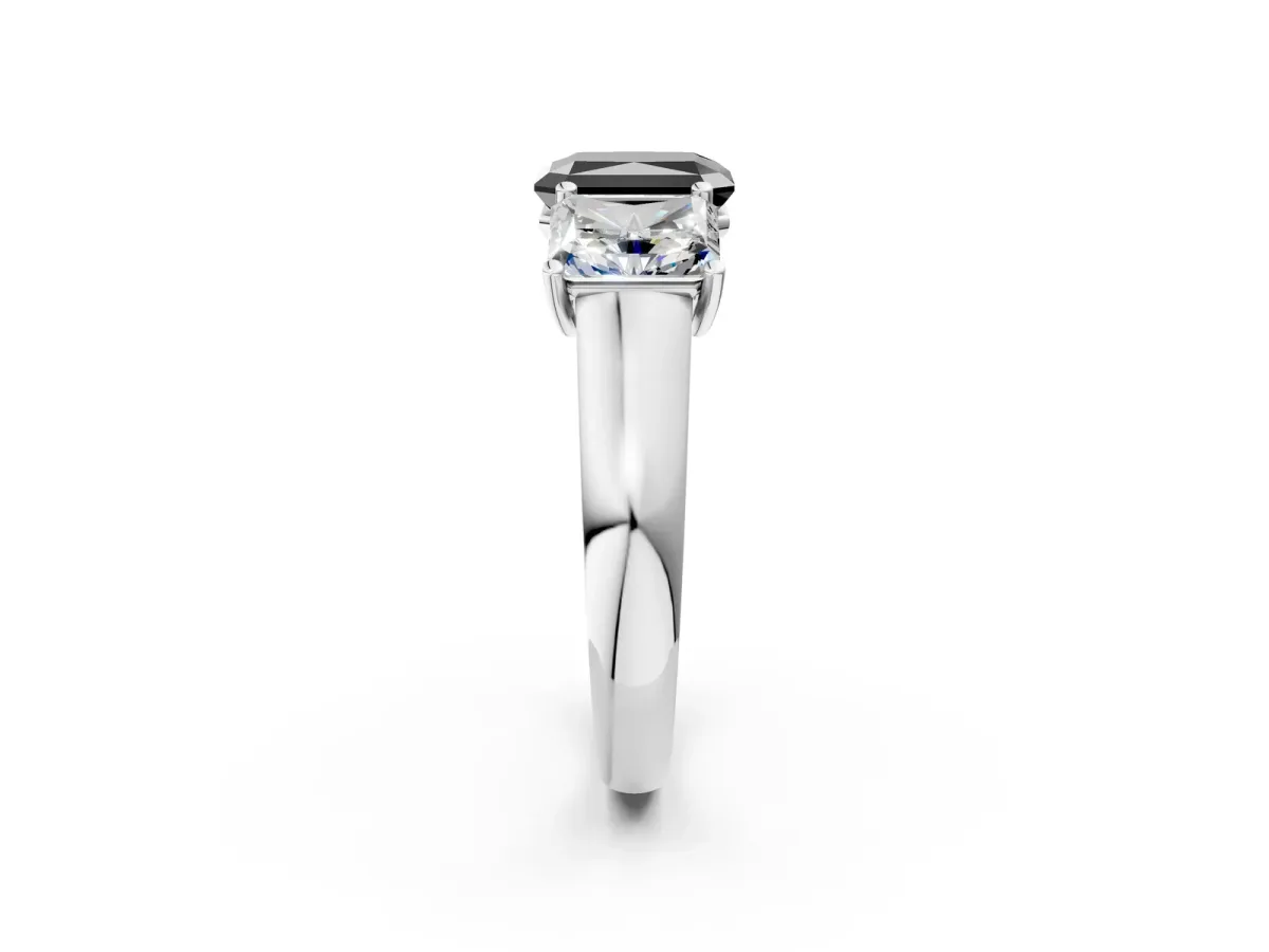Fancy Black Radiant Cut Three-Stone Diamond Ring with Prong Setting on a Classic Band Platinum