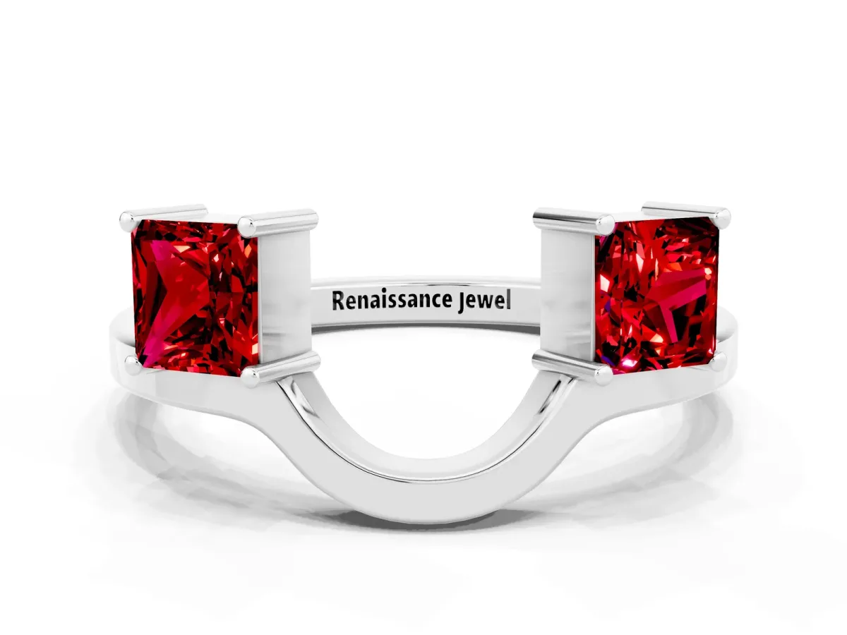 Princess Cut Ruby Two-Stone Open Band Ring with Four-Prong Setting Platinum