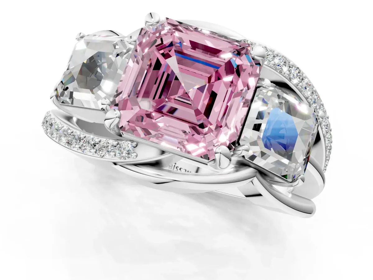 Fancy Pink Three-Stone Asscher Cut Cut Diamond Split Shank Prong Set Ring Platinum