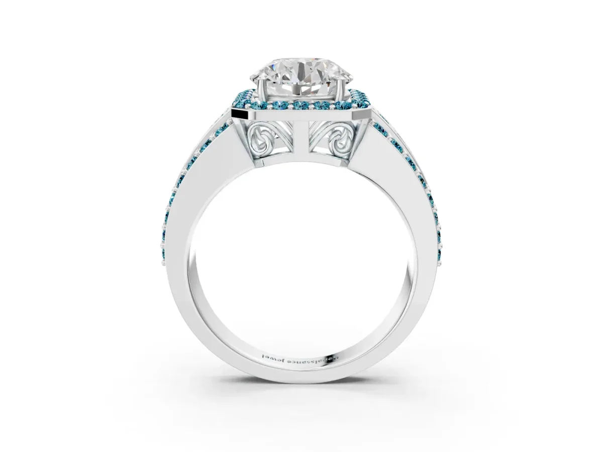 Round Cut Halo Diamond Ring with Round Blue Topaz Split Shank and Prong Setting Silver