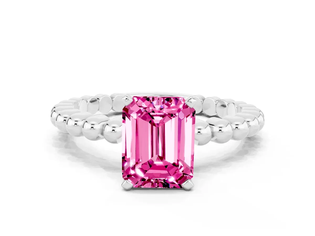 Emerald Cut Pink Sapphire Solitaire Ring with Beaded Band and Prong Setting Silver