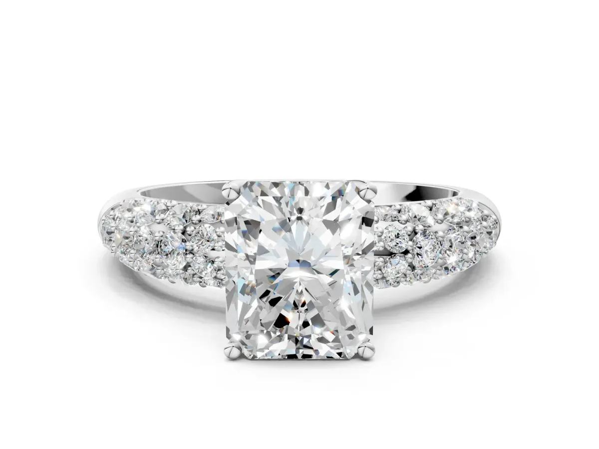Radiant Cut Diamond Pavé Band Solitaire Ring with Four-Prong Setting Platinum
