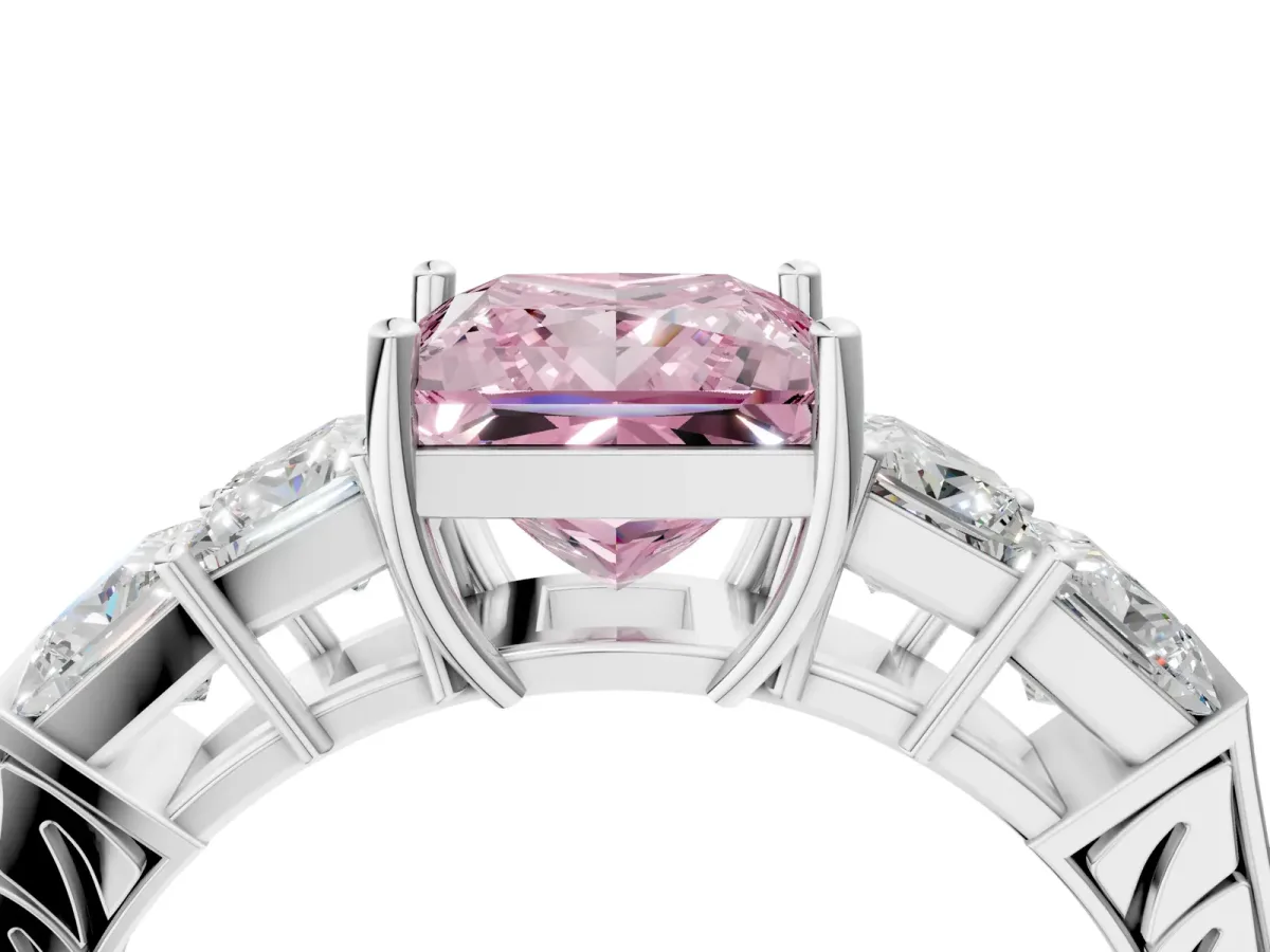 Fancy Pink Princess Cut Solitaire Princess Side Stone Engraved Band Prong Setting Ring Platinum