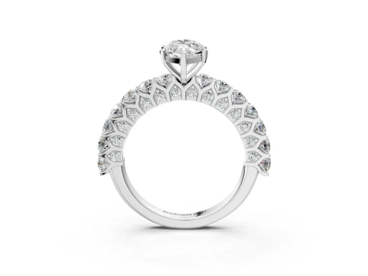 Marquise Cut Diamond Solitaire Ring with Shared Prong Pavé Band and Four-Prong Setting Silver