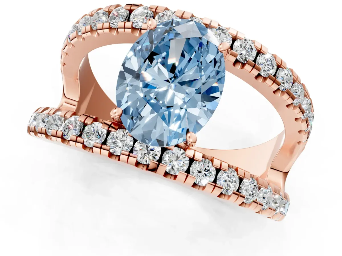 Fancy Blue Oval Cut Solitaire Split Shank Pave Diamond Ring Rose gold