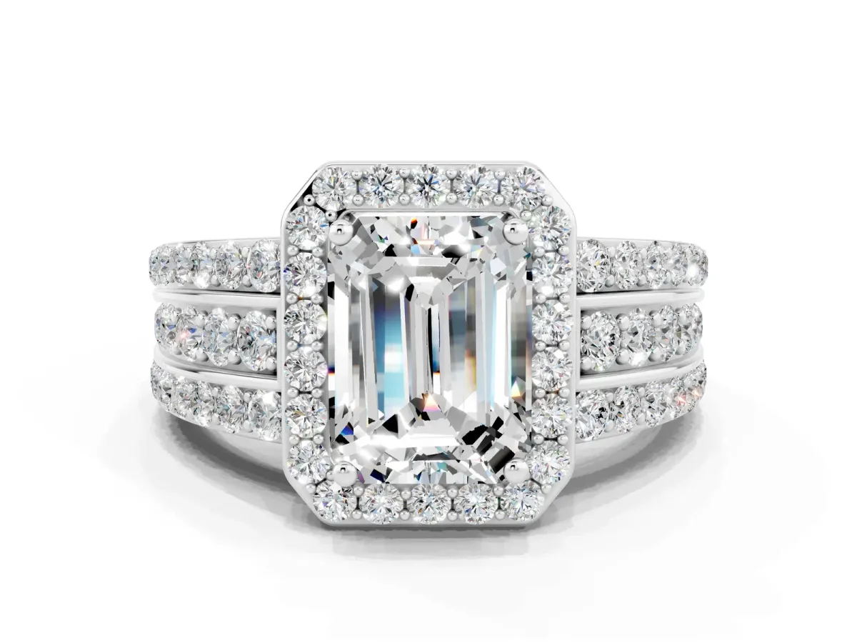 Emerald Cut Halo Moissanite Ring with Round Split Shank and Prong Setting Silver