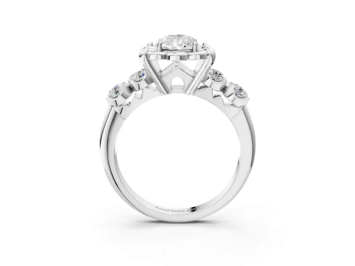 Pear Cut Cut Diamond Floral Halo Engagement Ring with Shared Prong Setting Platinum
