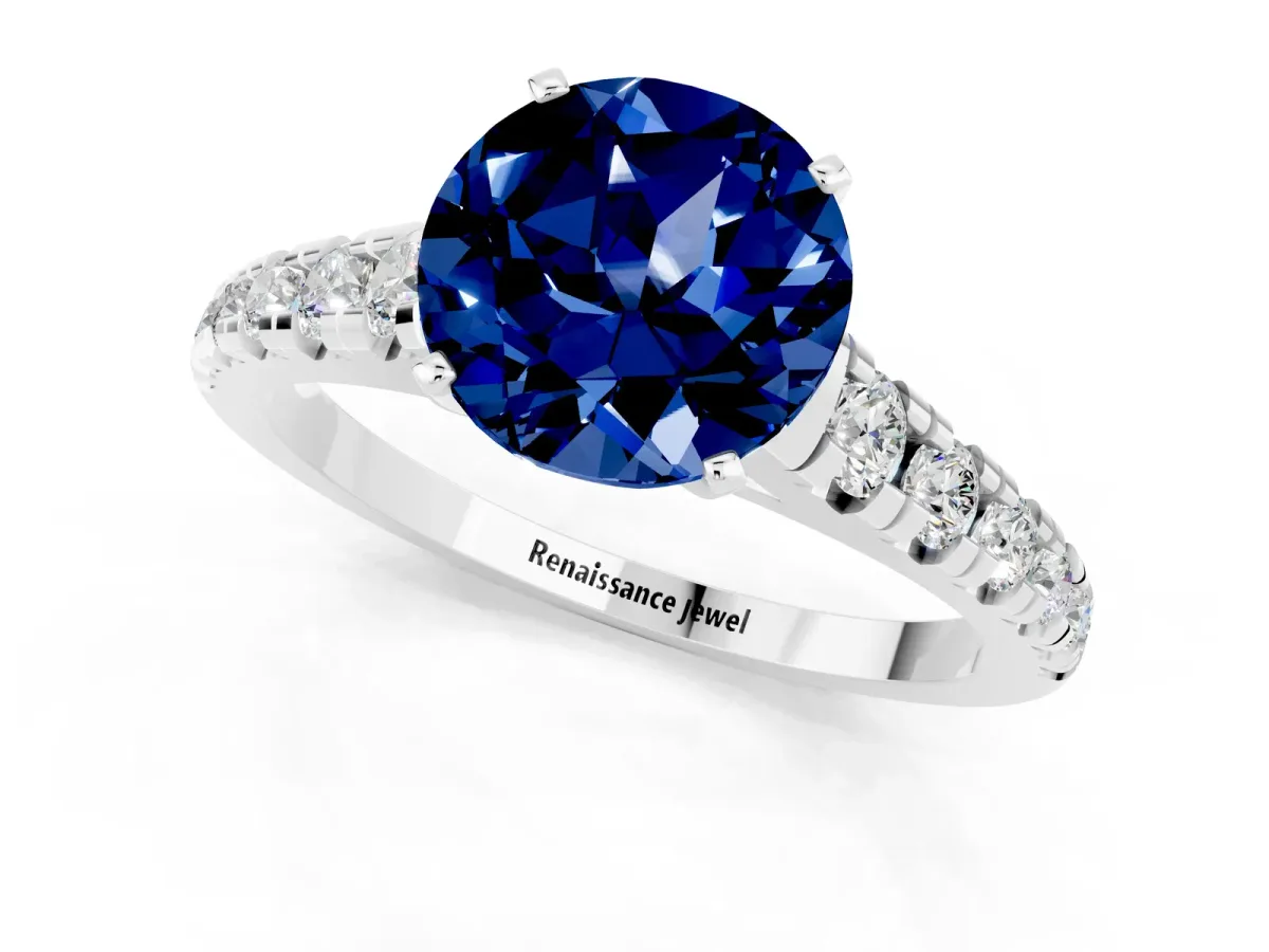 Round Cut Blue Sapphire Cathedral Solitaire Ring with Round Pavé Band Silver