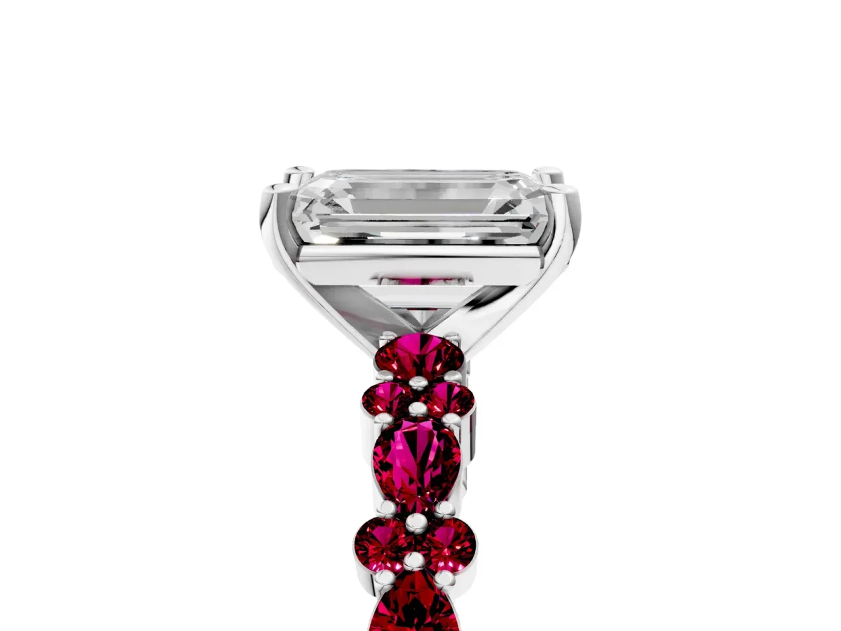 Emerald Cut Diamond Side Stone Solitaire Ring with Round Garnet and Four-Prong Setting White gold