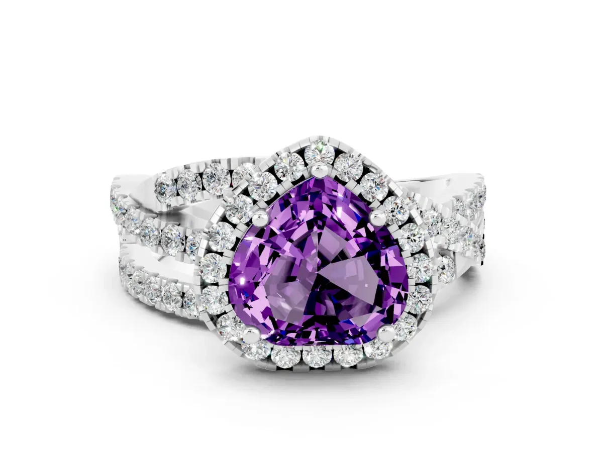 Heart Cut Amethyst Halo Ring with Round Split Shank and Prong Setting Platinum
