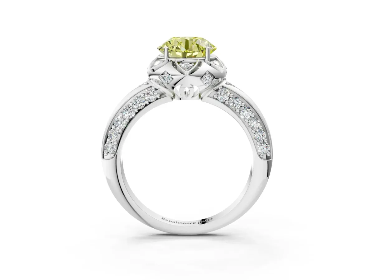 Fancy Yellow Round Cut Halo Split Shank Pave Diamond Ring with Petal Prong Setting Platinum