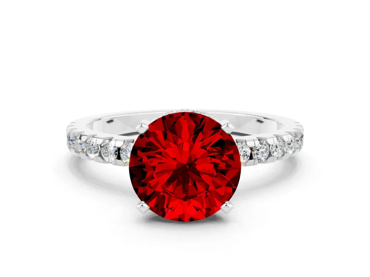 Round Cut Ruby Solitaire Ring with Round Pavé Band and Four-Prong Setting Platinum