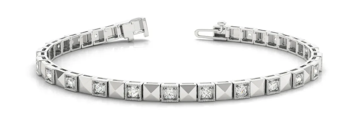 Round Diamond Pyramid Link Tennis Bracelet with Bezel Setting White gold