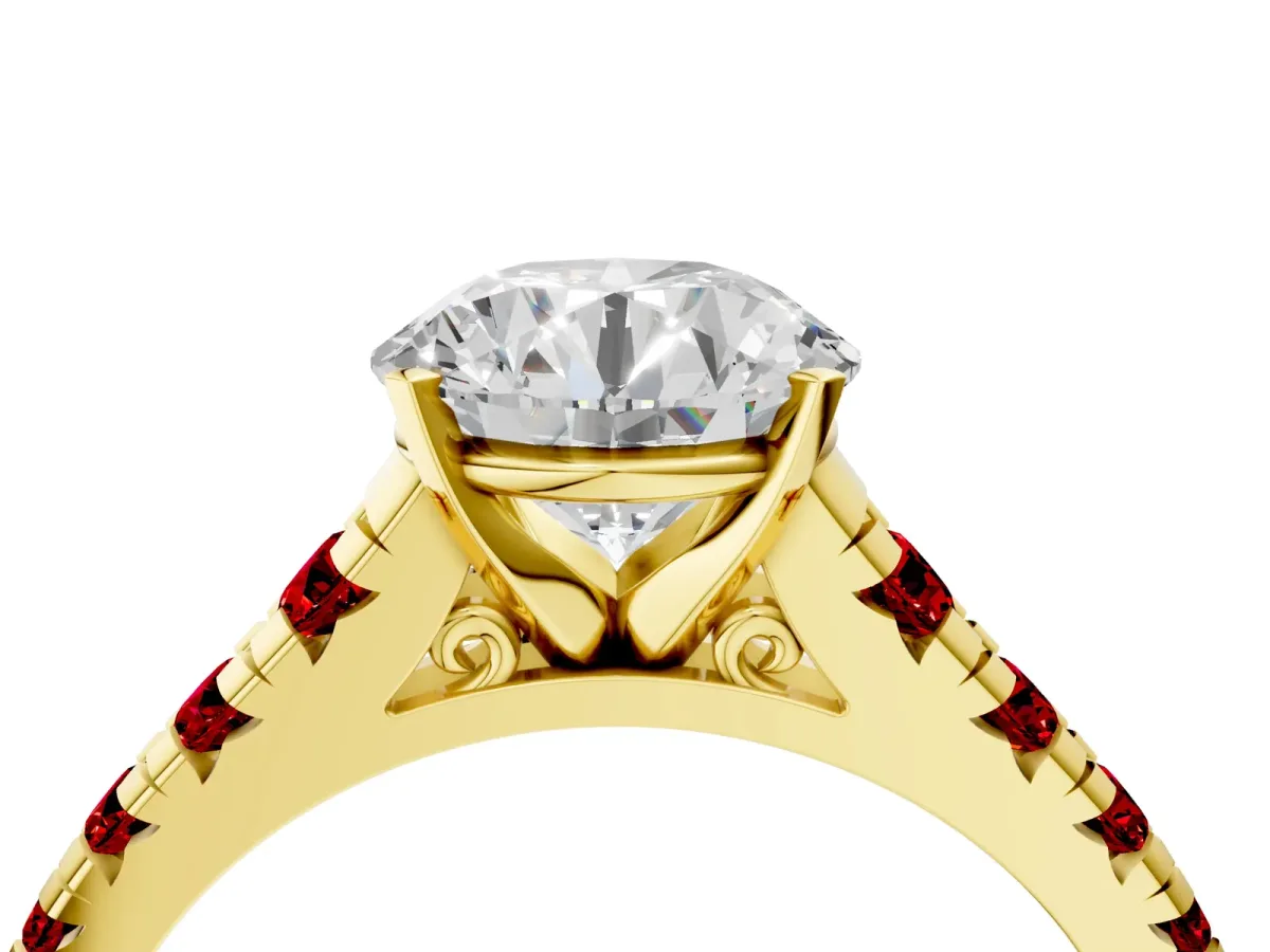 Round Cut Diamond Cathedral Solitaire Ring with Round Ruby Pavé Band Yellow gold