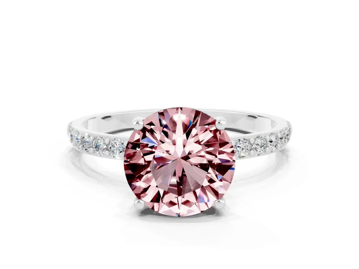 Round Cut Morganite Solitaire Ring with Round Pavé Band and Prong Setting Silver