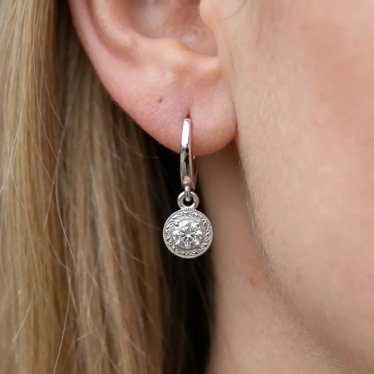 Round Cut Milgrain Bezel Set Leverback Earrings Silver