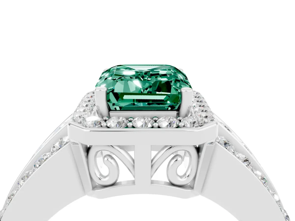 Emerald Cut Halo Green Sapphire Ring with Round Split Shank and Prong Setting Platinum