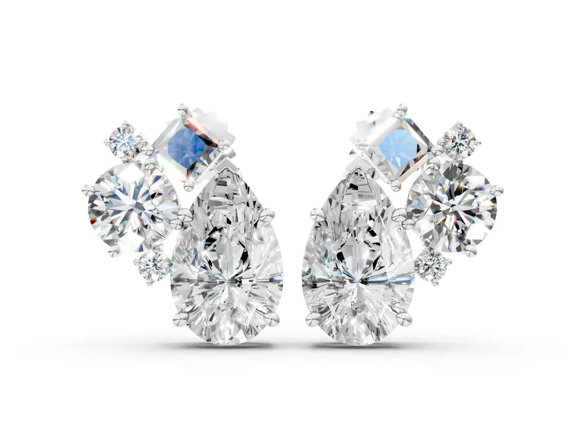 Multi-Shape Diamond Mosaic Five Stone Stud Earrings Silver