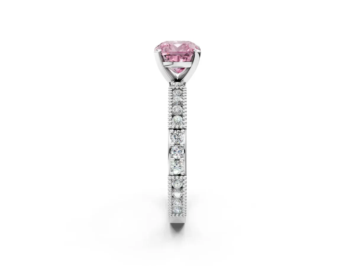 Fancy Pink Cushion Cut Solitaire with Pavé Band and Four-Prong Setting Silver