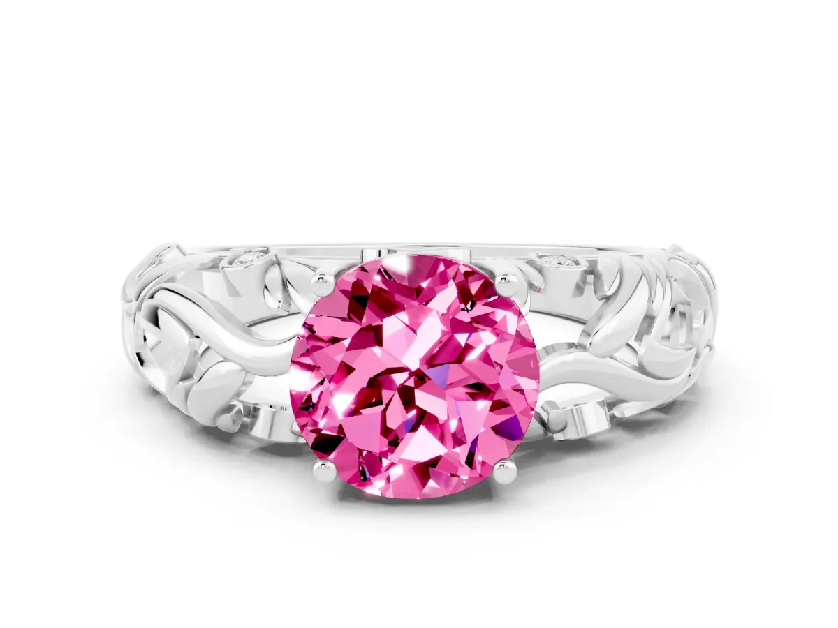 Round Cut Solitaire Pink Sapphire Leaf-Inspired Vine Band Ring with Prong Setting Silver
