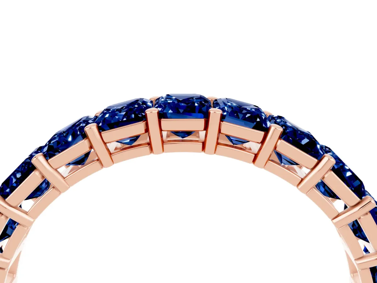 Emerald Cut Blue Sapphire Eternity Band with Shared Prong Setting Rose gold