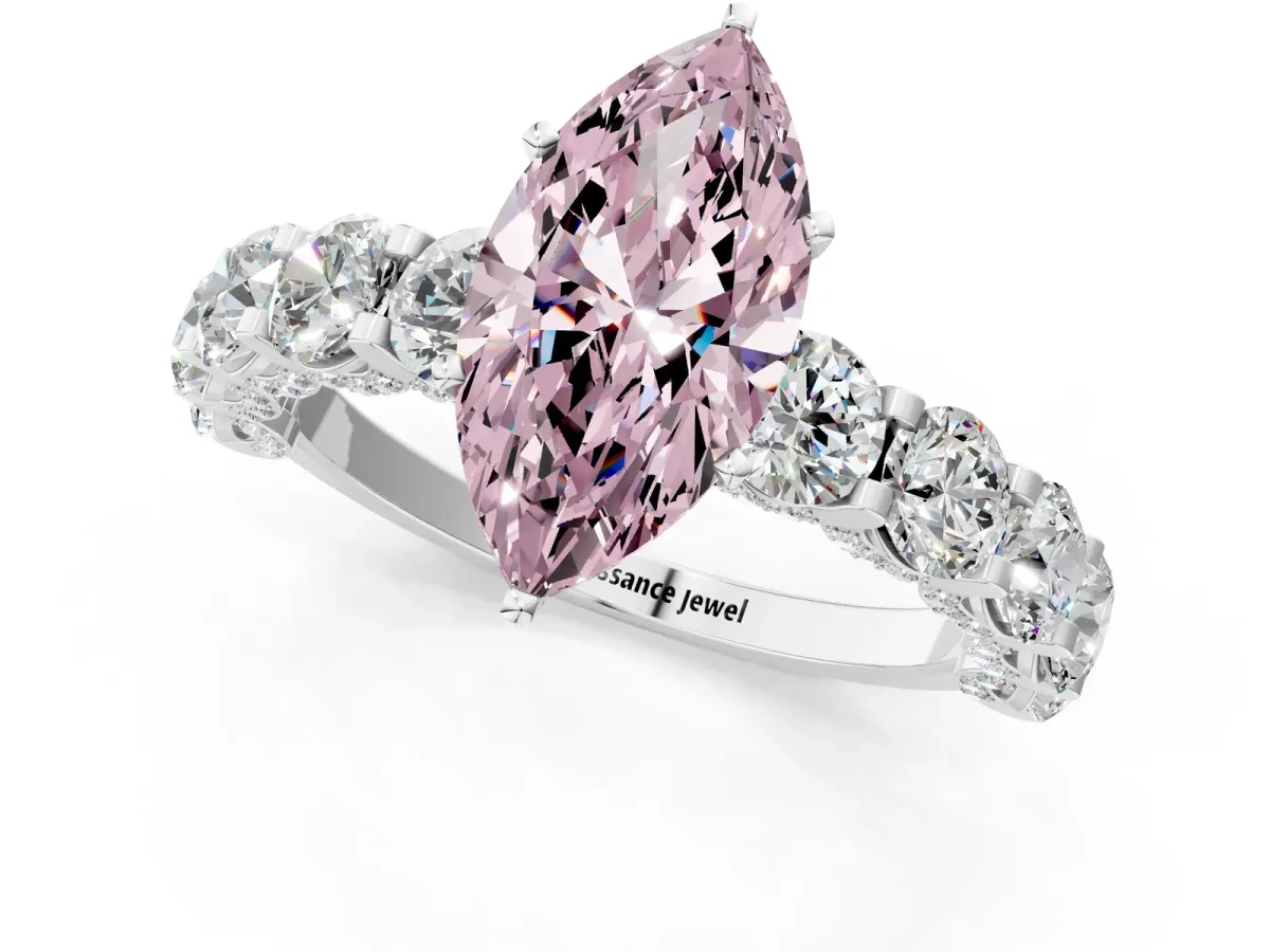 Fancy Pink Marquise Cut Diamond Side Stone Engagement Ring with Four-Prong Setting Silver