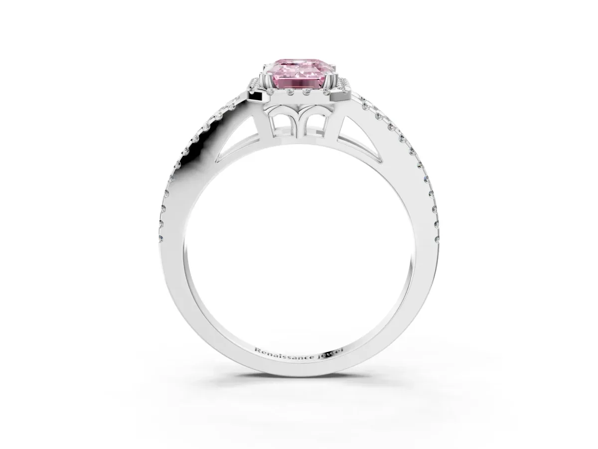 Fancy Pink Emerald Cut Diamond Halo Split Shank Engagement Ring Platinum