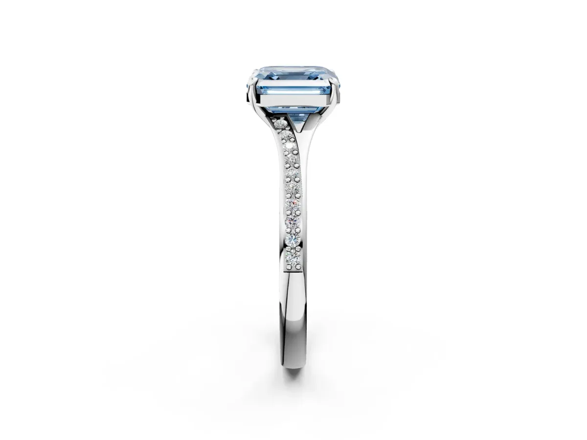 Fancy Blue Asscher Cut Diamond Solitaire Ring with Pavé Band and Prong Setting Platinum