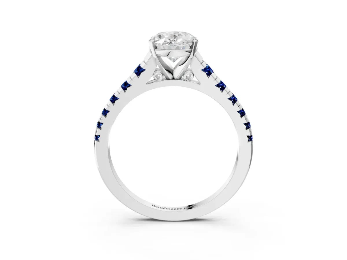 Oval Cut Diamond Cathedral Solitaire Ring with Round Blue Sapphire Pavé Band Silver