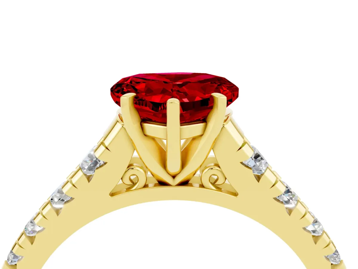 Heart Cut Ruby Cathedral Solitaire Ring with Round Pavé Band Yellow gold