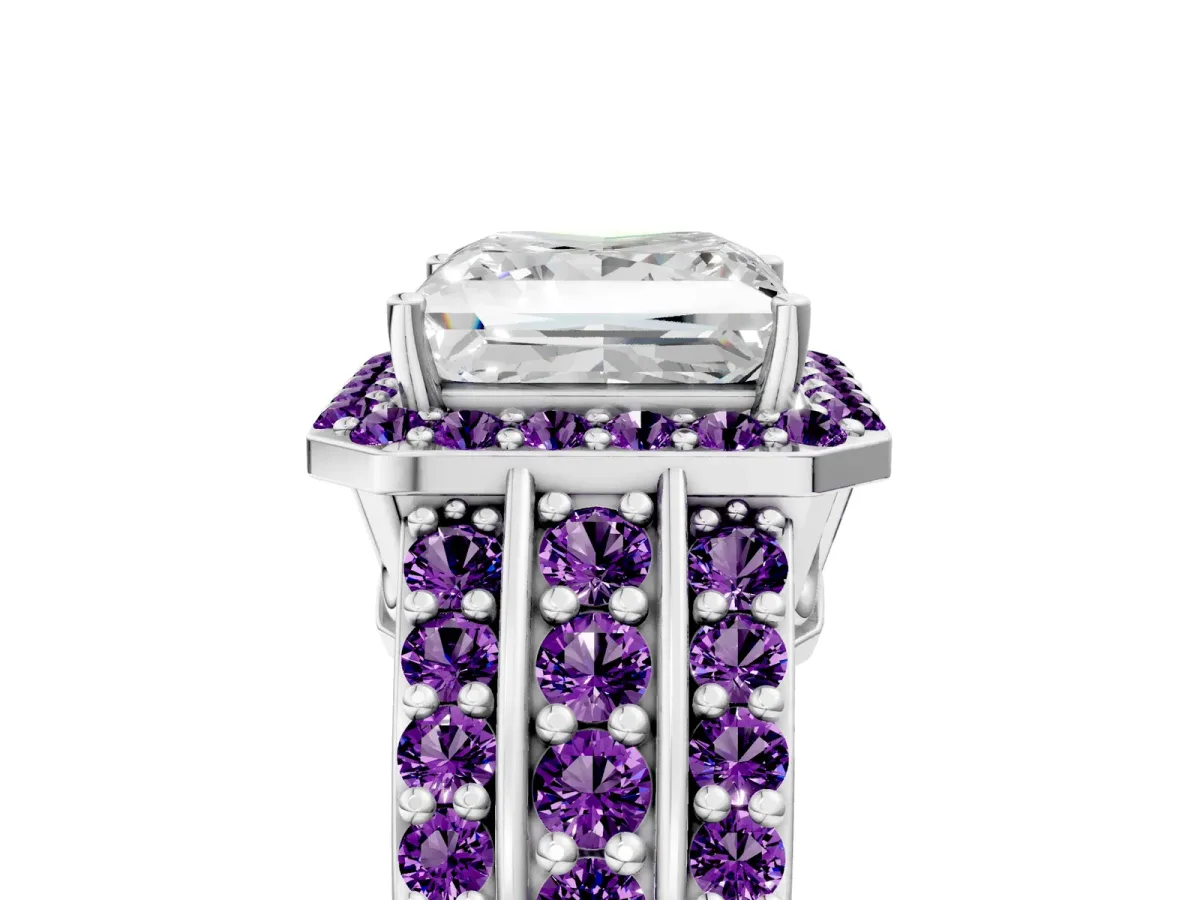 Princess Cut Halo Diamond Ring with Round Amethyst Split Shank and Prong Setting Silver