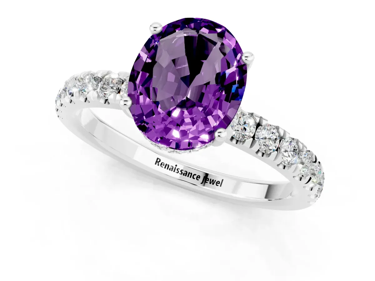 Oval Cut Amethyst Pave Band Solitaire Ring with Round and Prong Setting Platinum