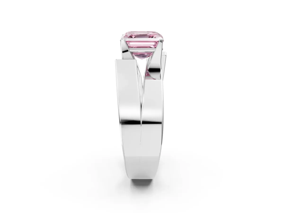 Fancy Pink Modern Tension Set Asscher Cut Diamond Solitaire Wide Band Ring Silver