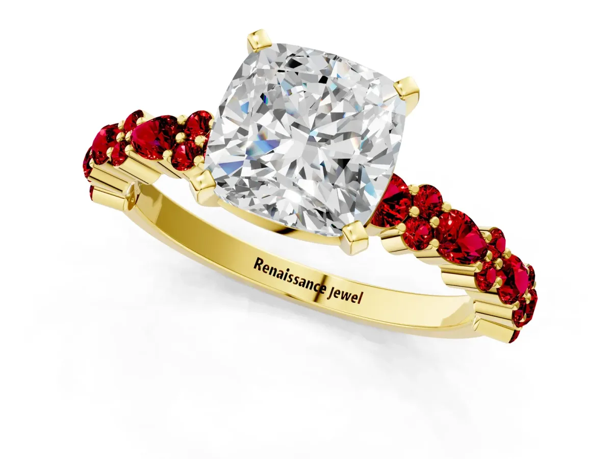 Cushion Cut Diamond Side Stone Solitaire Ring with Round Ruby and Four-Prong Setting Yellow gold