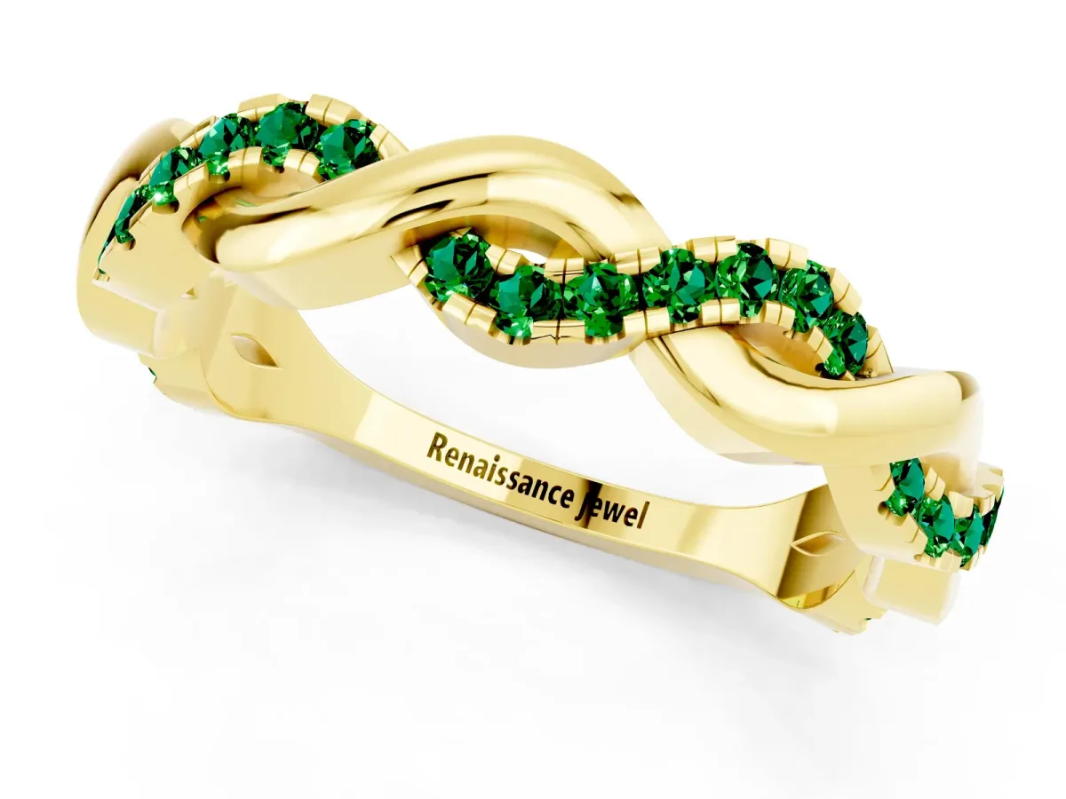 Pavé Round Emerald Twist Eternity Band with Shared Prong Setting Yellow gold
